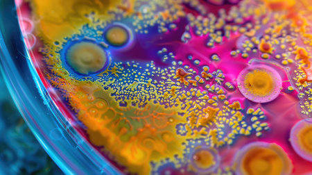 A petri dish teeming with a colorful array of bacterial growth, showing the beauty of microbiology.の素材