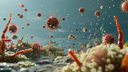 A highly detailed microscopic scene depicting the dramatic invasion of a host cell by viral particles.の素材