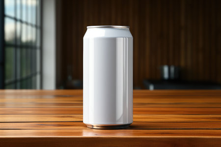 Blank Silver Soda Can Mockup on Wooden Kitchen Table. A.I.の素材