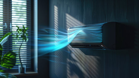 A contemporary air conditioning unit on a wall, actively cooling the room with visible chilled air flow.の素材