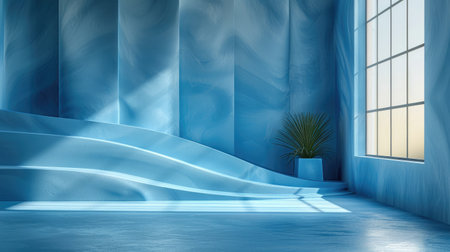 A tranquil interior with sunlight casting shadows across a minimalist room with elegant vases.の素材