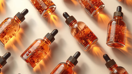 An orderly top-down arrangement of amber glass serum bottles casting elegant shadows.の素材