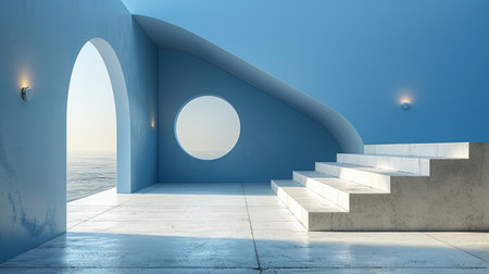 The image showcases a minimalist interior with a serene ocean view and a stylish sofa for relaxation.の素材