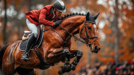 An equestrian athlete and a horse in mid-jump over a barrier at a showjumping competition.の素材