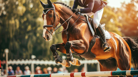 An equestrian athlete and a horse in mid-jump over a barrier at a showjumping competition.の素材