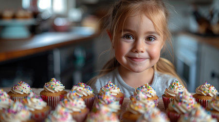 A focused child meticulously adds sprinkles to vibrantly iced homemade cupcakes.の素材