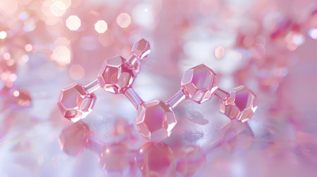 This image features radiant pink molecules on a blurred bokeh background, symbolizing a modern skincare cosmetics solution with 3D rendering.の素材