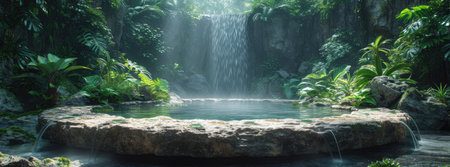 Round Stone Podium in Lush Green Jungle Setting. A.I.の素材