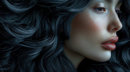 A close-up portrait showing a woman's luxurious curly black hair and delicate facial features.の素材