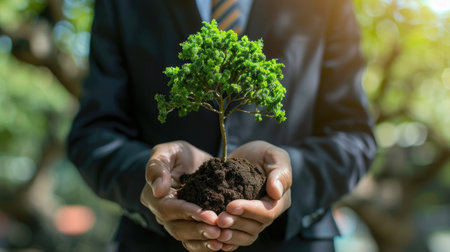 A businessman cradles a sapling, representing commitment to environmental, social, and governance principles.の素材