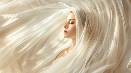 An ethereal portrait of a woman wrapped in delicate white, emanating tranquility.の素材