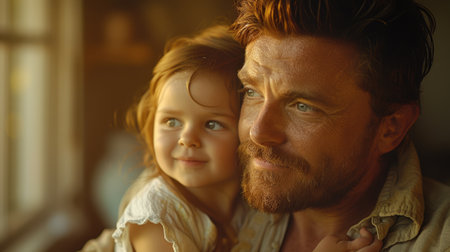 An affectionate moment of a father and daughter cherishing each other's company in the warm glow of sunset.の素材