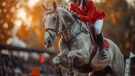 An equestrian athlete and a horse in mid-jump over a barrier at a showjumping competition.の素材