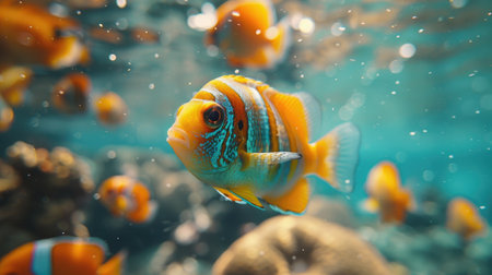 A school of bright orange tropical fish elegantly swims through sunlit water, surrounded by shimmering bubbles.の素材