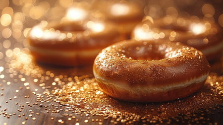 Glazed donuts dusted with golden sugar sparkle against a warm bokeh-lit background.の素材