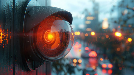 A CCTV security camera records in the rain, highlighting its vigilant watch over urban streets.の素材