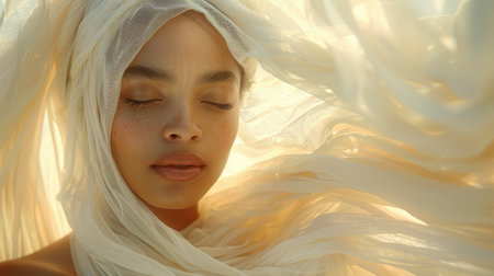 An ethereal portrait of a woman wrapped in delicate white, emanating tranquility.の素材
