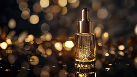 Gold serum in glass dropper bottle with bokehの素材
