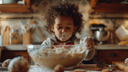 A joyful child stands on a stool by the kitchen counter, mixing cookie dough with flour dusting their cheeks and nose.の素材