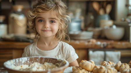 A joyful child stands on a stool by the kitchen counter, mixing cookie dough with flour dusting their cheeks and nose.の素材