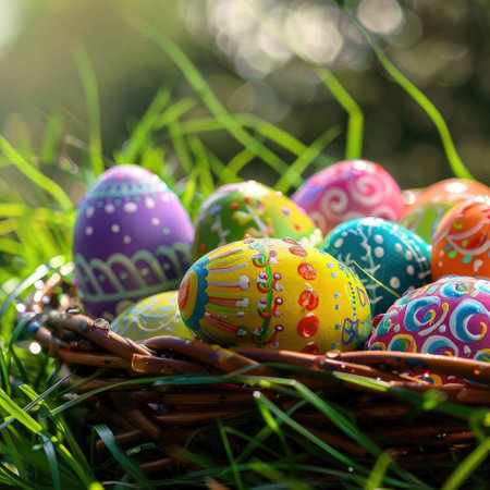 A basket brimming with colorful, intricately painted Easter eggs nestled in sunlit grass.の素材