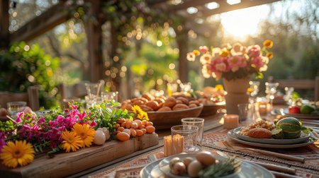 An elegant outdoor Easter dining setup surrounded by a lush springtime garden.の素材