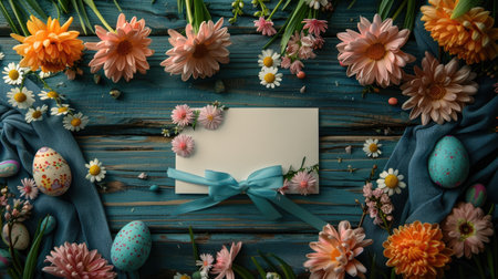 A rustic Easter card adorned with colorful painted eggs and fresh spring blooms rests on a wooden surface.の素材