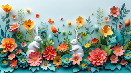An exquisitely crafted 3D paper art Easter card with colorful flowers and rabbit silhouettes.の素材