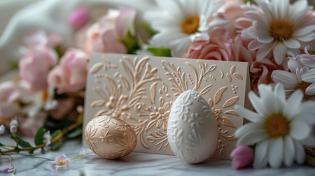 A tastefully embossed Easter card accompanied by golden eggs nestled among soft spring blossoms.の素材