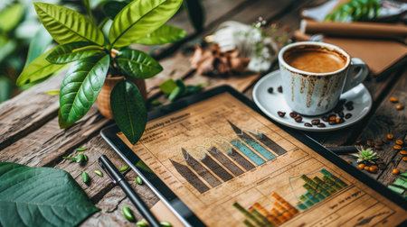 A digital tablet displays a rising graph on ESG investments, surrounded by plants and a cup of coffee, symbolizing the intersection of technology, finance, and sustainabilityの素材