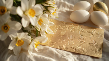 A tastefully embossed Easter card accompanied by golden eggs nestled among soft spring blossoms.の素材