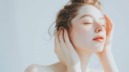 A young woman with a flawless complexion highlights the importance of a careful skincare routine against a clean white background.の素材