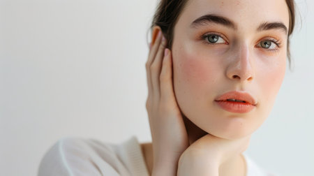 A young woman with a flawless complexion highlights the importance of a careful skincare routine against a clean white background.の素材
