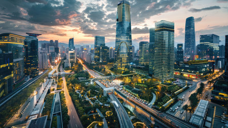An urban skyline at sunset featuring sustainable architecture with green rooftops and solar panels amidst a vibrant city life.の素材