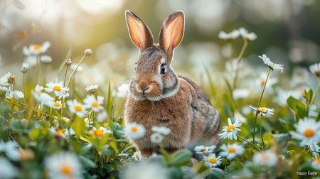 A serene bunny sits amidst a vibrant field of daisies, evoking the joyful spirit of Easter.の素材