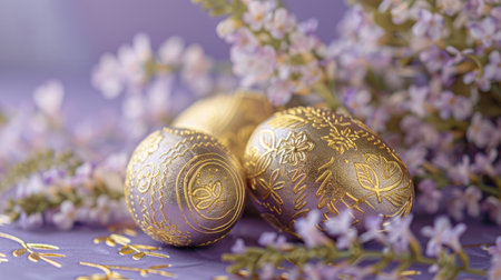 Exquisite golden eggs nestled in delicate purple blossoms signal the elegance of Easter.の素材