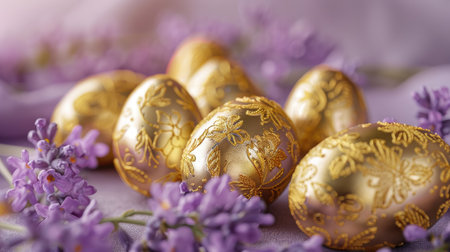 Exquisite golden eggs nestled in delicate purple blossoms signal the elegance of Easter.の素材