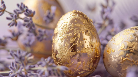 Exquisite golden eggs nestled in delicate purple blossoms signal the elegance of Easter.の素材