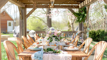 An elegant outdoor Easter dining setup surrounded by a lush springtime garden.の素材
