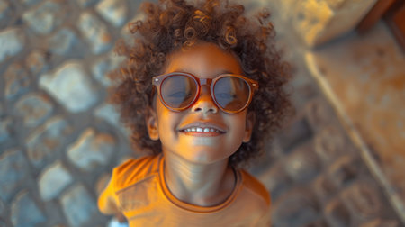 Curly-Haired Child with AI Glasses Smiling Outdoors. A.I.の素材
