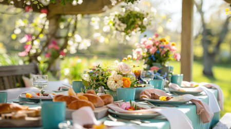 An elegant outdoor Easter dining setup surrounded by a lush springtime garden.の素材