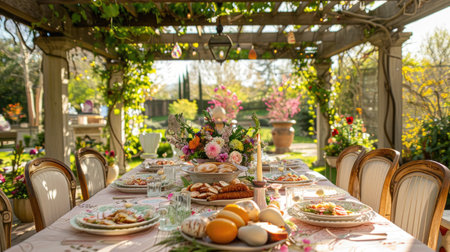 An elegant outdoor Easter dining setup surrounded by a lush springtime garden.の素材
