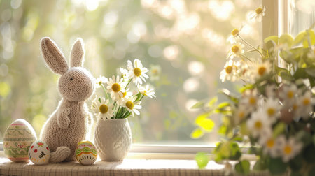 A handcrafted knitted bunny sits beside painted Easter eggs and fresh flowers on a sunlit windowsill.の素材