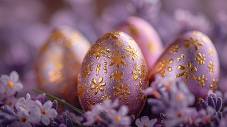 Exquisite golden eggs nestled in delicate purple blossoms signal the elegance of Easter.の素材