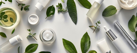 An array of botanical-infused skincare cosmetics neatly organized amidst fresh greenery.の素材