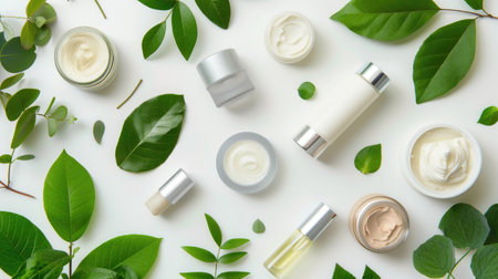 An array of botanical-infused skincare cosmetics neatly organized amidst fresh greenery.の素材