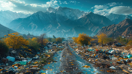 A stunning mountain range backdrop contrasts starkly with the sprawling waste of a garbage dump in the foreground.の素材