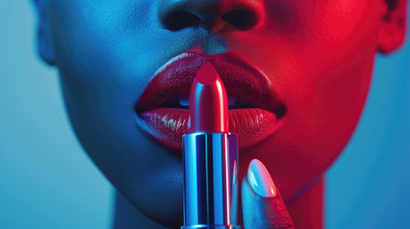 A sensuous close-up of applying red lipstick, illuminated by a captivating neon light.の素材
