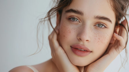 A young woman with a flawless complexion highlights the importance of a careful skincare routine against a clean white background.の素材