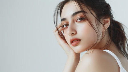 A young woman with a flawless complexion highlights the importance of a careful skincare routine against a clean white background.の素材
